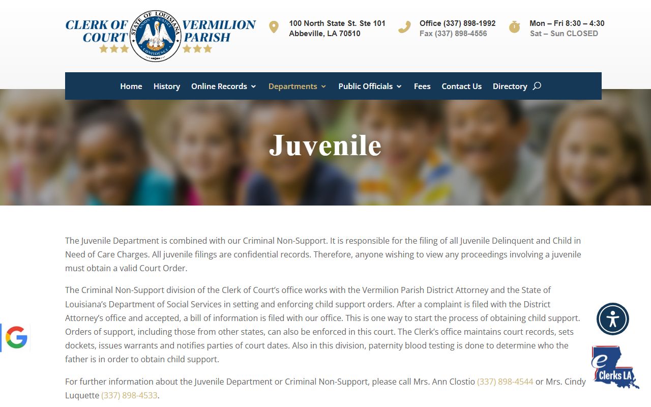 Vermilion Parish Clerk of Court records juvenile confidentiality notice