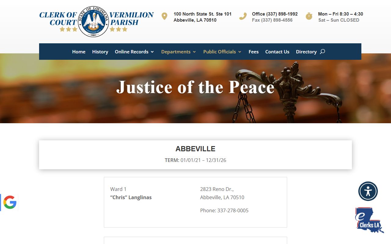 Vermilion Parish Clerk of Court records justice of the peace contacts