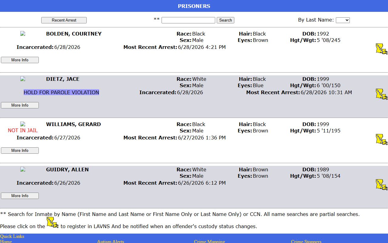 Vermilion Parish arrest records legacy prisoner roster