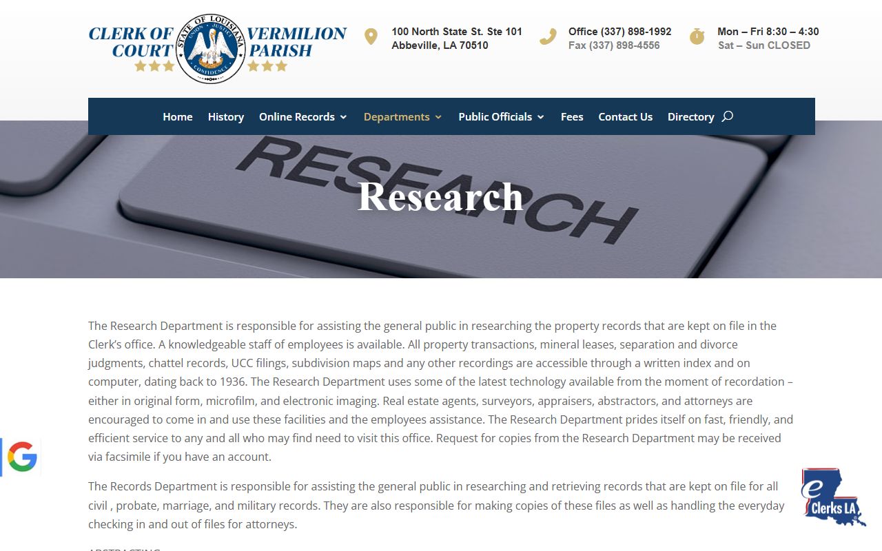 Vermilion Parish court records Clerk research department