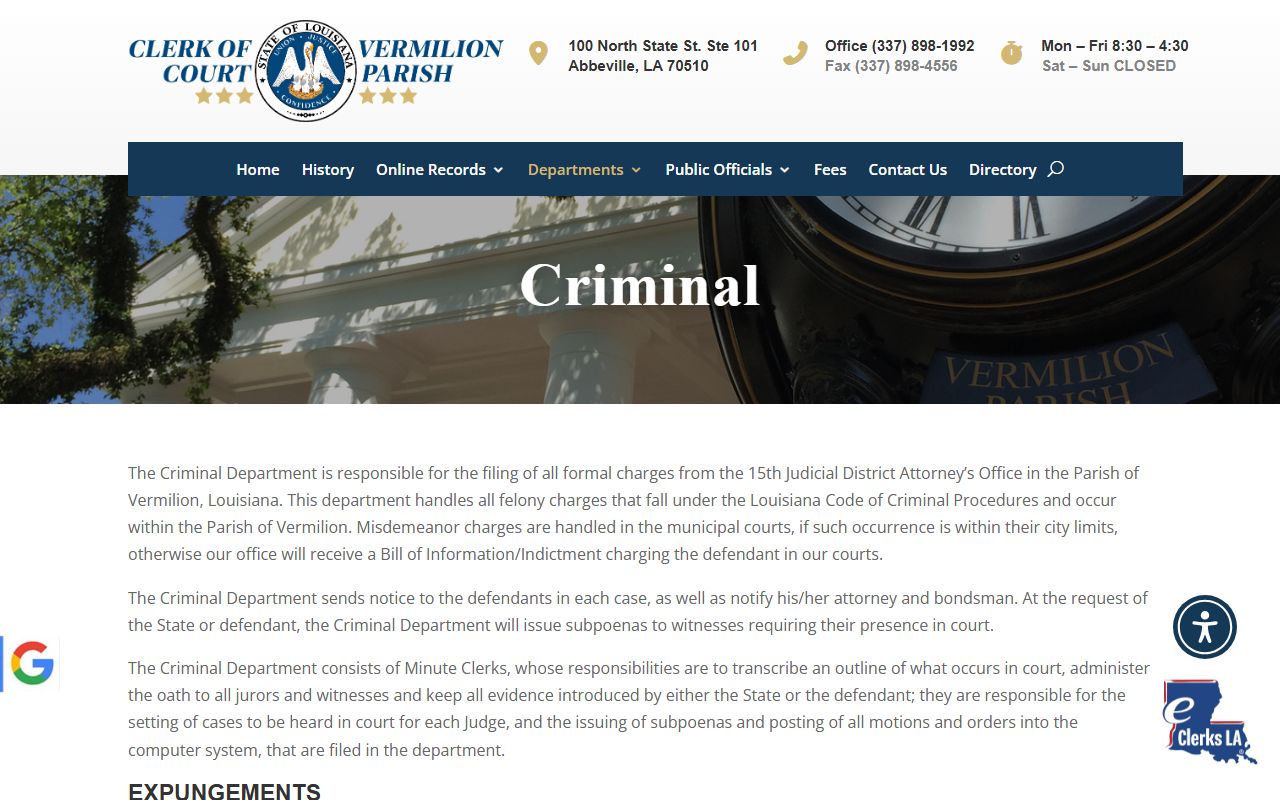 Vermilion Parish criminal court records Clerk criminal department