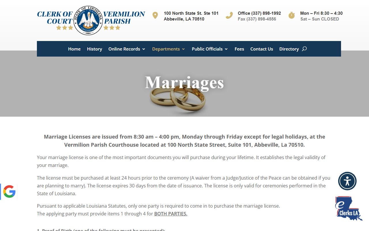 Vermilion Parish marriage records Clerk marriage license information