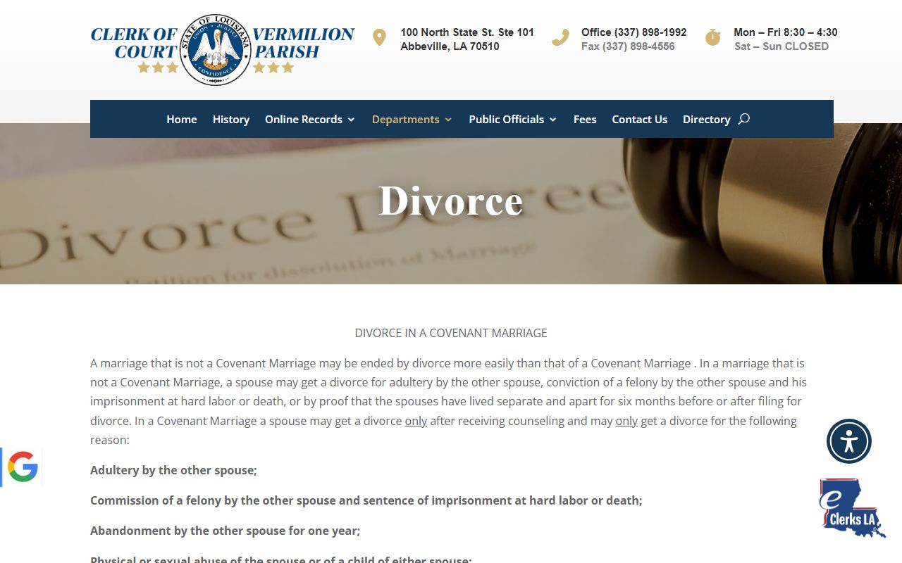 Vermilion Parish divorce records Clerk divorce information