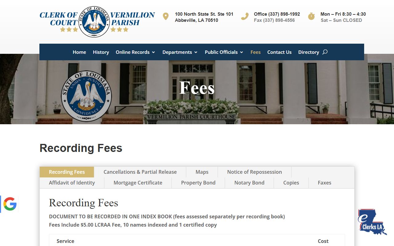 Vermilion Parish probate records Clerk probate fee schedule