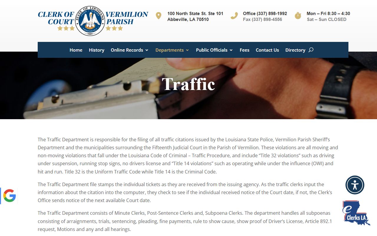 Vermilion Parish traffic court records Clerk traffic department