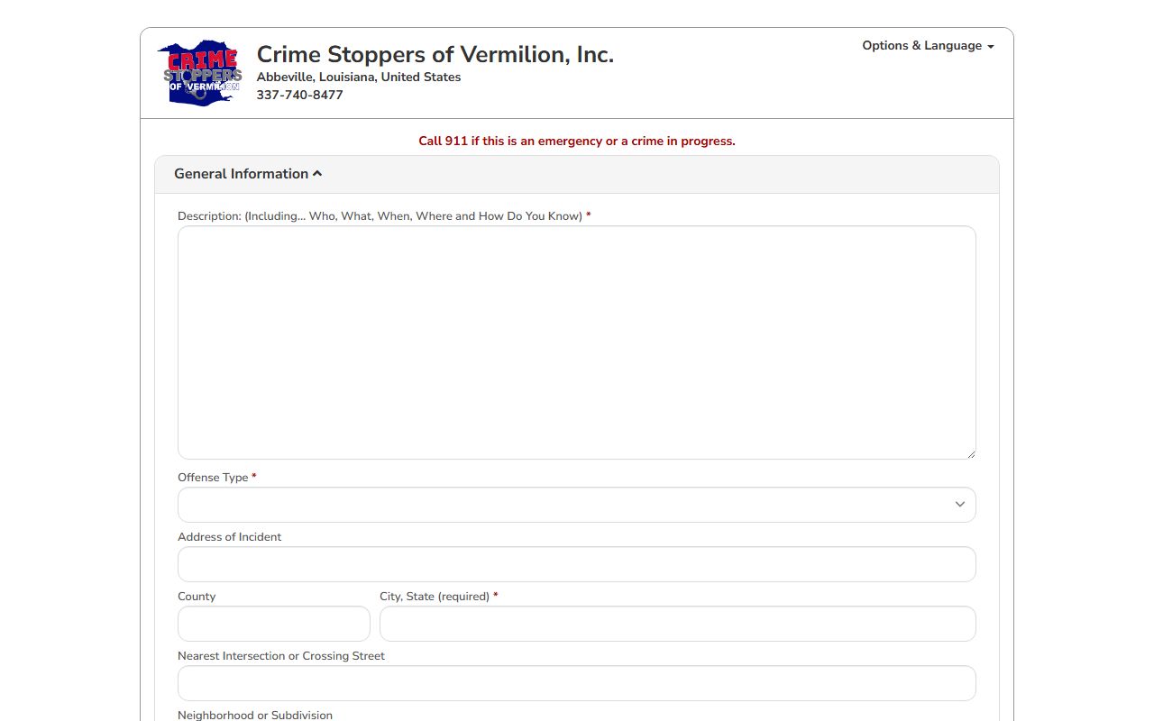 Vermilion Parish warrant records P3 Tips anonymous form