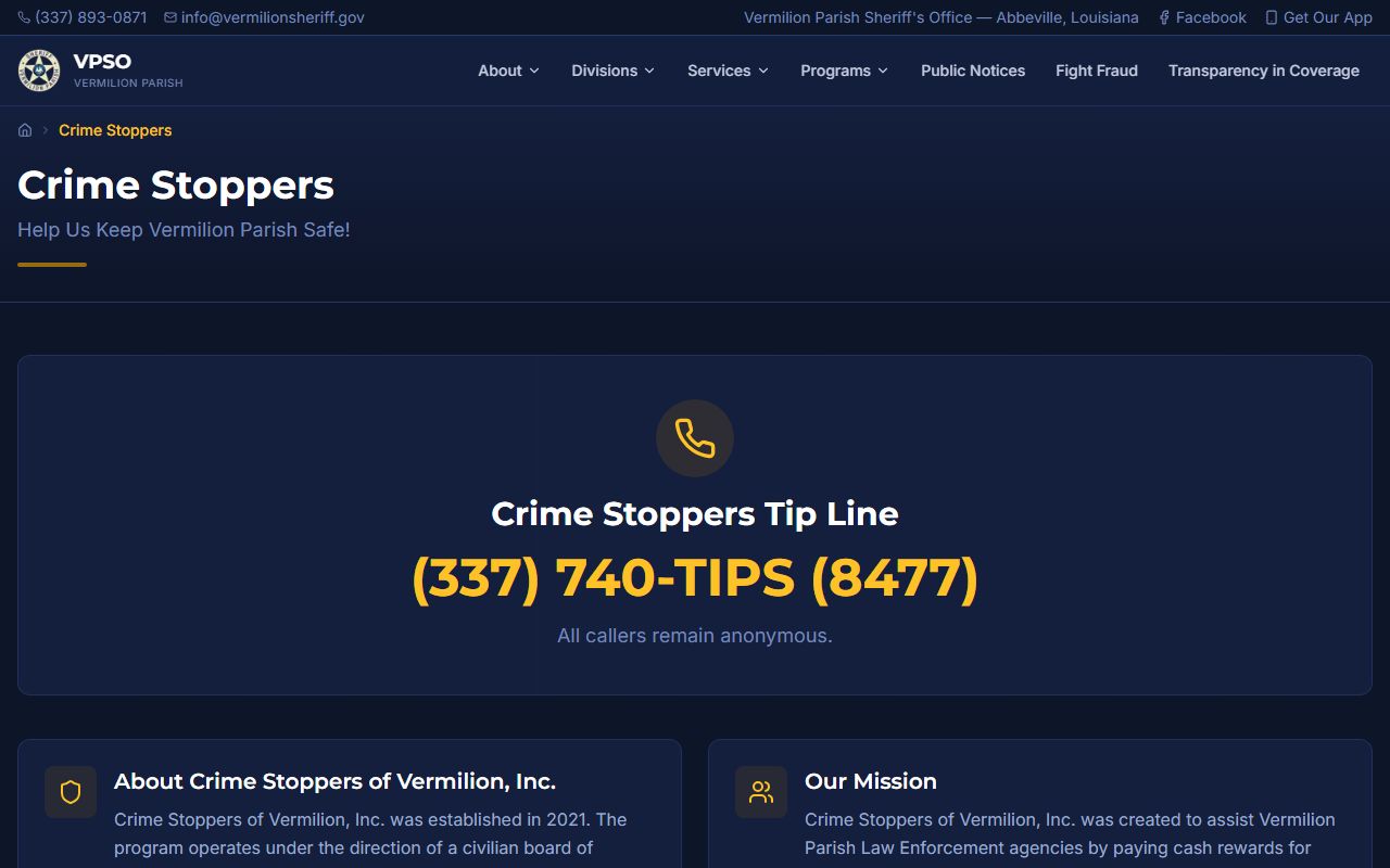 Vermilion Parish warrant records Crime Stoppers route